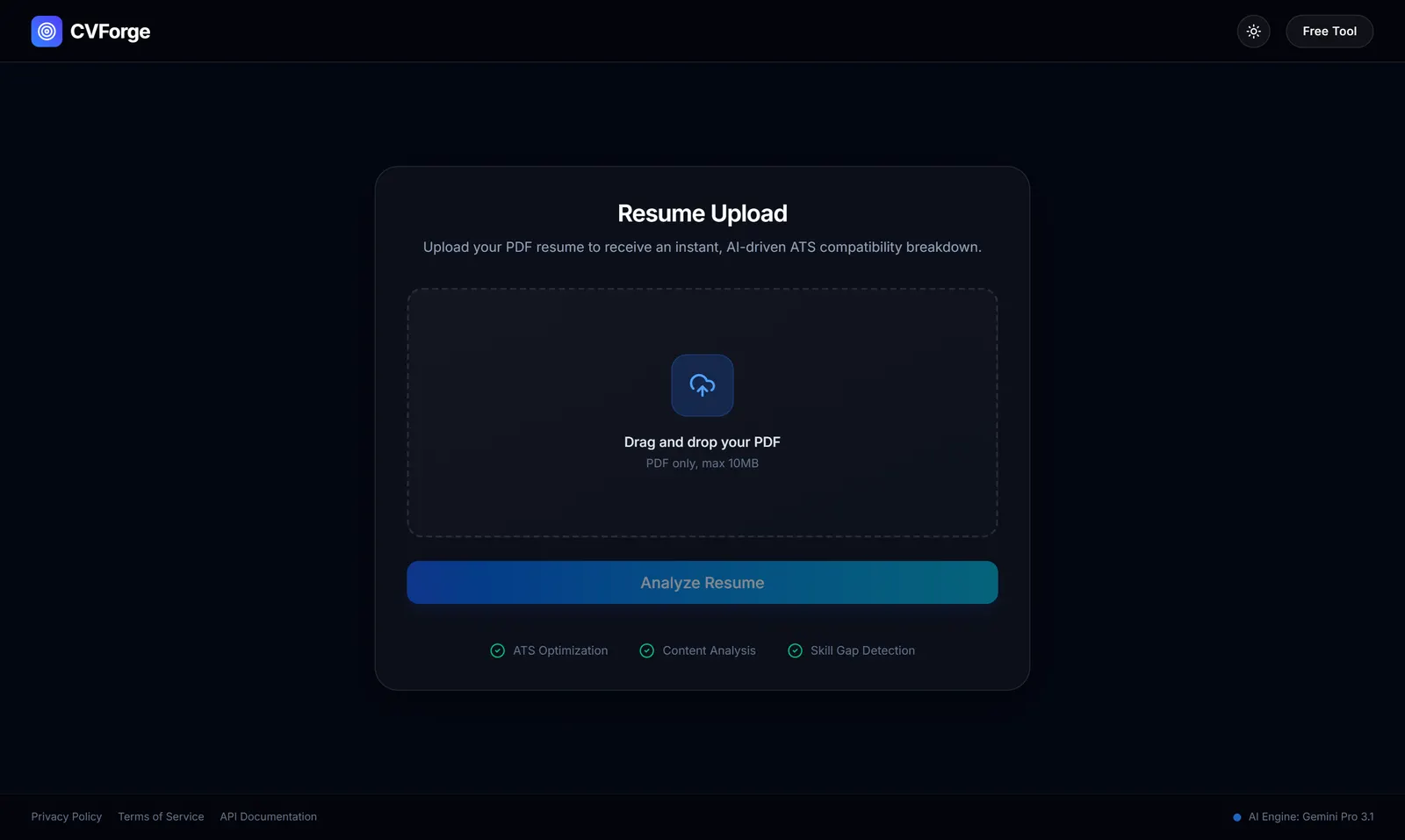 CVForge homepage — AI-powered resume analyser