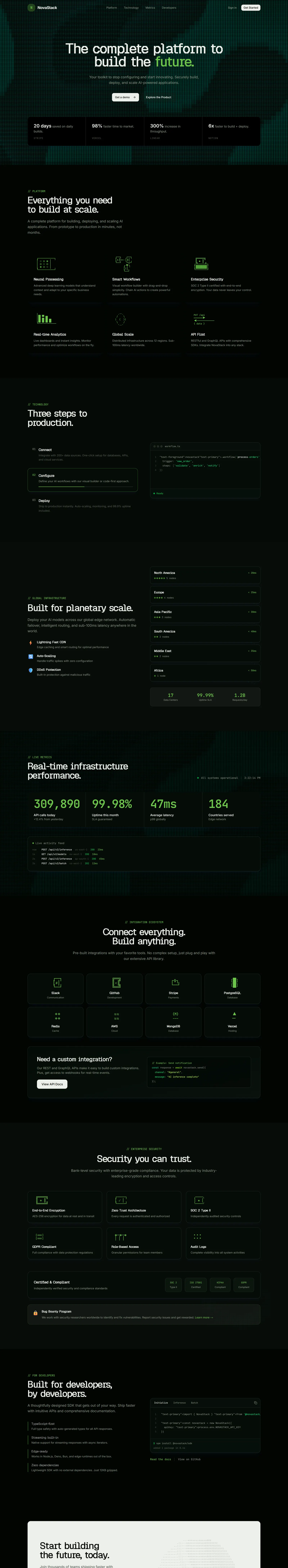 NovaStack AI homepage — dark technical SaaS landing page